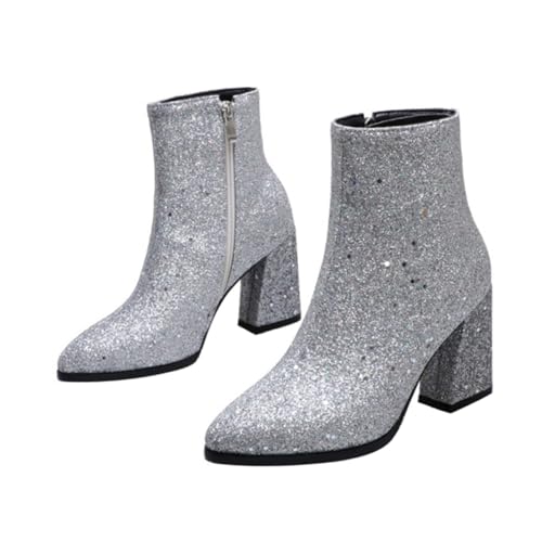 FRCOLOR Damen Ankle Boots mit Glitzernden Pailletten Spitze Zehen Hoher Absatz Seitlicher Reißverschluss Rutschfeste Sohle Stiefeletten für Herbst Winter Silber von FRCOLOR