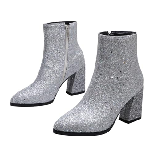FRCOLOR Damen Ankle Boots mit Spitz Zulaufender Zehenpartie Chunky High Heels Silberne Glitzer Designs Kurze Stiefel für Herbst Winter und Bequeme Damenschuhe von FRCOLOR