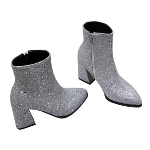 FRCOLOR Damen Ankle Boots mit Spitzem Zehenbereich Hoher Absatz Silberne Pailletten Kurzer Schaft Rutschfeste Gummisohle Atmungsaktiv und Modisch für Herbst und Winter von FRCOLOR