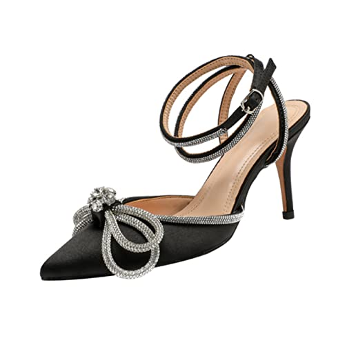FRCOLOR Damen High Heel Sandalen aus PU und Satin Rutschfeste Sohle Spitze Zehenpartie Mittelhoher Absatz Vielseitig Kombinierbar für Sommeroutfits Modisch und Schwarz von FRCOLOR