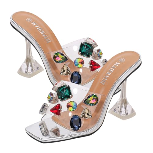 FRCOLOR Damen High Heel Sandalen mit Strassbesatz Rutschfest Atmungsaktiv Modisch für Partys Büro Hochzeiten und Nachtleben Silberfarben Outdoor Slippers von FRCOLOR