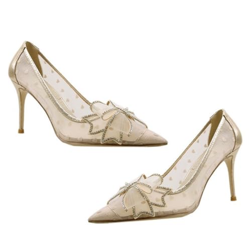 FRCOLOR Damen High Heels Netzgarn Spitze Schleife Sommer Frühling Elegante Pumps Bequeme Absatzschuhe für Alltag und Party Beige von FRCOLOR