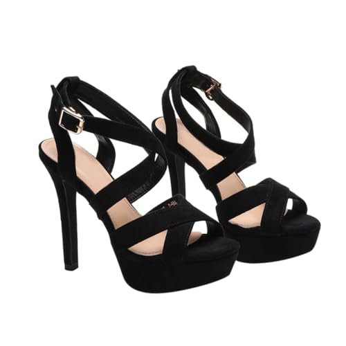 FRCOLOR Damen High Heels Sandalen Fischmaul Offener Zeh Peep Toe Modisch Hoher Absatz Rutschfeste Sohle Schwarz Sommer Fußbekleidung von FRCOLOR