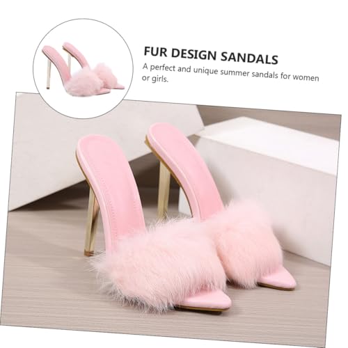 FRCOLOR Damen High Heels Sandalen mit Fellbesatz Hohe Schlanke Absatzform Atmungsaktiv und Langlebig Modisch für Sommer Komfortabel und Leicht Passend zu Vielseitiger Kleidung von FRCOLOR