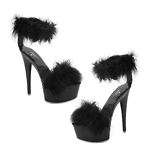 FRCOLOR Damen High Heels Sandaletten mit Federdetail Rutsch Sohle Langlebiges Material Eleganter Stil für Arbeit und Shopping Schwarzer Absatz von FRCOLOR