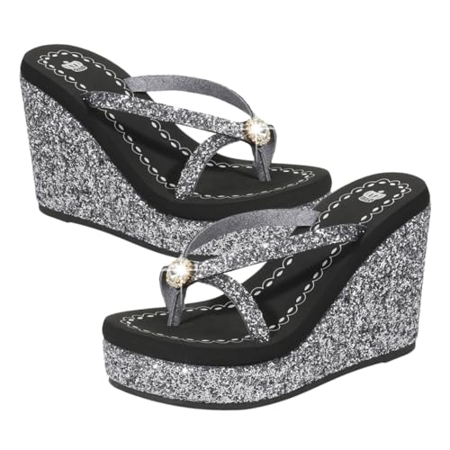 FRCOLOR Damen High Heels Sommer Sandalen mit Glitzer Diamantbesatz Rutschfeste Strand Schuhe Absatz Pantoletten für Freizeit Wohnzimmer und Outdoor Schwarz von FRCOLOR