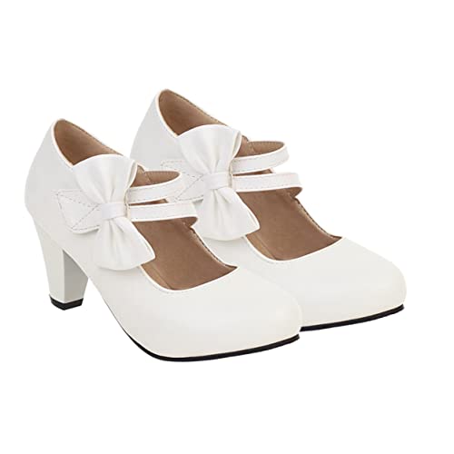 FRCOLOR Damen High Heels mit Chunky Blockabsatz PU Material Modischer Schleifen Design Bequeme Mary Schuhe für Alltag und Besondere Anlässe Weiß von FRCOLOR