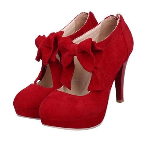 FRCOLOR Damen High Heels mit Rundzehen und Schleifen Atmungsaktive Langlebige Frühlings Sandaletten für Anspruchsvolle Anlässe Stabiler Absatz für Partys und Büro Rot von FRCOLOR