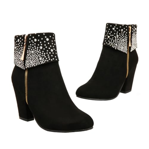 FRCOLOR Damen Hochzeit Stiefeletten Herbst Winter Großer Absatz Strassverziert Kurzstiefel aus PU und Gummi Bequeme Leichte Ankle Boots für Festliche Anlässe Schwarz von FRCOLOR