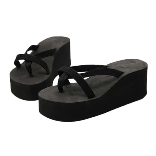 FRCOLOR Damen Keilabsatz Sandalen Schwarz Plateau Anti rutsch Strand Flops Leicht Sommer Slipper für Indoor Outdoor Freizeit von FRCOLOR