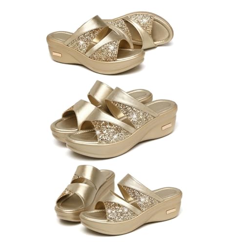 FRCOLOR Damen Keilabsatz Slipper mit Dicker Sohle Sommerliche Offene Fischmaul Sandalen für Frauen Modische Outdoor Freizeitschuhe Bequeme Mom Shoes Gold von FRCOLOR