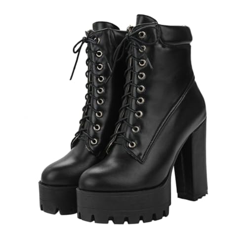 FRCOLOR Damen Kurzstiefel Vintage Stil mit Dicken Absätzen Rutschfeste Gummisohle und Leicht Modisch für Herbst Winter Vielseitig Kombinierbar Schwarz von FRCOLOR