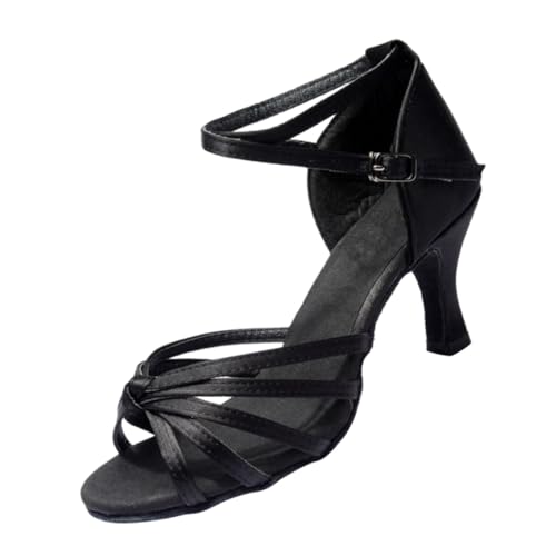 FRCOLOR Damen Latein Tanzschuhe Satin High Heels Offene Zehen Knotenverzierte Absatzschuhe Elegant und Schwarz Geeignet für Latin Dance und Festliche Anlässe von FRCOLOR
