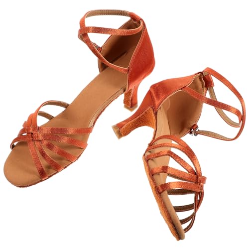 FRCOLOR Damen Latein Tanzschuhe Satin High Heels mit Geknotetem Riemen und Schlangenleder Optik Offene Zehen Absatz Goldfarben Geeignet für Latin Dance und Festliche Anlässe von FRCOLOR