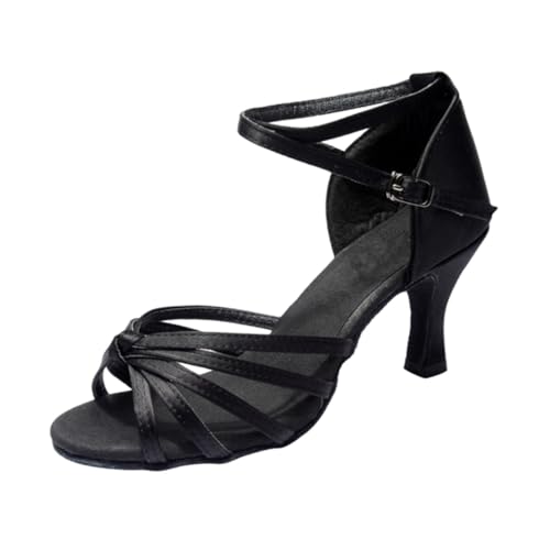 FRCOLOR Damen Latein Tanzschuhe Satin High Heels mit Knotendetail Absatz Open Toed Design Schwarz Elegant für Salsa und Festliche Anlässe von FRCOLOR
