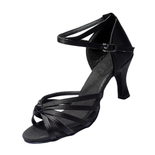 FRCOLOR Damen Latein Tanzschuhe mit Knöchelriemen Schwarzer Satin High Heels Absatz Offene Spitze zum Tanzen und Festlichen Anlässen Geeignet von FRCOLOR