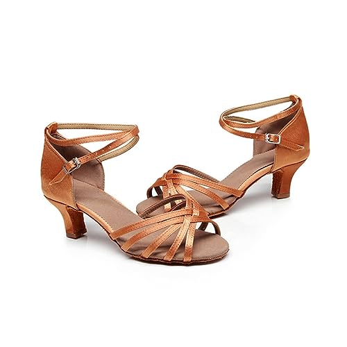 FRCOLOR Damen Latin Tanzschuhe Satin Obermaterial Absatz Verstellbare Schnalle Bequeme Latein Salsa Schuhe für Ballroom Tanz Party und Training Tiefes Hautfarben von FRCOLOR