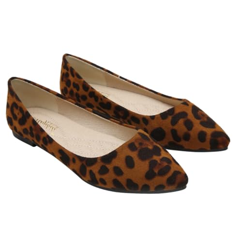 FRCOLOR Damen Leopard Flats Spitz Zehen Flach Angenehm Atmungsaktiv Modisch Freizeit Arbeit Party Schuhe Braun von FRCOLOR