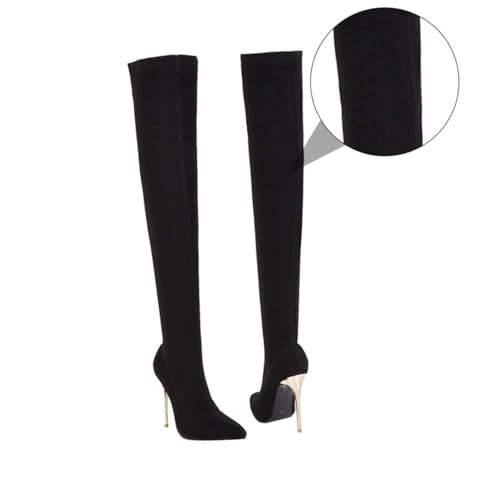 FRCOLOR Damen Overknee Stiefel Herbst Winter High Heel Langschaft Stiefel Rutsch Gummisohle Komfortabel Warm Schwarze Langstiefel von FRCOLOR