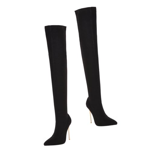 FRCOLOR Damen Overknee Stiefel Winterstiefel mit Dünnem Absatz Rutschfeste Sohle Atmungsaktive Innensohle Langschaftige Schwarze High Heels für Kalte Tage Eleganter Komfort und Modisches von FRCOLOR