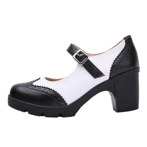 FRCOLOR Damen Plateau Mid Heels Runde Zehen British Style Bequeme Plateau Schuhe mit Stabilem TPR Sohlen Geeignet für Partys Büro Hochzeit und Alltag in Schwarz Weiß von FRCOLOR