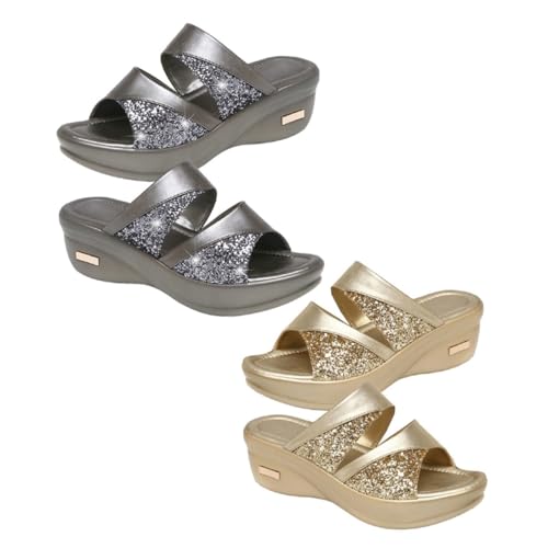 FRCOLOR Damen Plateau Sandalen mit Dicker Keilsohle Sommerliche Offene Slipper in Gold Bequeme Freizeitschuhe für Frauen Stylische Fischmaul Optik Geeignet für Outdoor und Strand von FRCOLOR