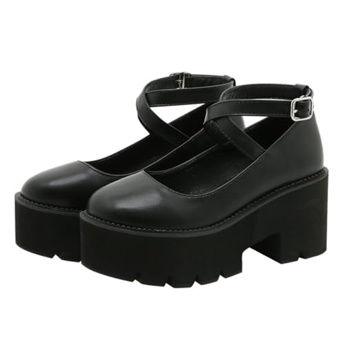 FRCOLOR Damen Plateau Sandalen mit Dicker Sohle und Knöchelriemen Schwarze Sommer Schuhe mit Breitem Absatz und Rundem Zeh Atmungsaktive Bequeme Plattform sandalen für Alltag und Party von FRCOLOR