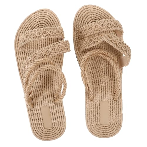 FRCOLOR Damen Sandalen Flach Strohboden Modisch Atmungsaktiv Lässig Sandals For Women Sommer Urlaub Strand Schuhe Beige von FRCOLOR