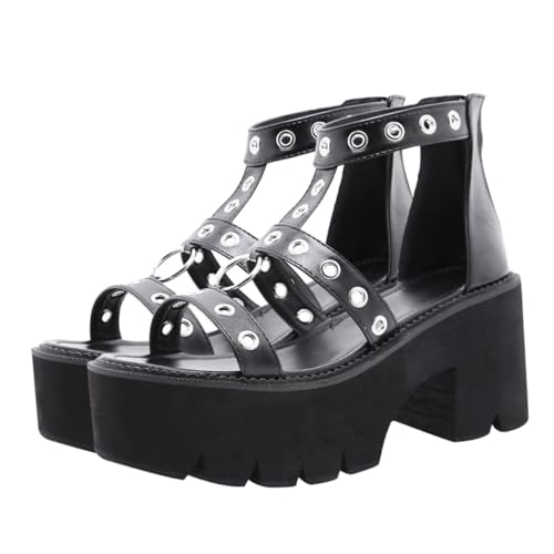 FRCOLOR Damen Sandalen High Heels Open toed Metallring Hohl Design Stilvolle Plateau Römersandalen Schwarz für Party Hochzeit Alltag von FRCOLOR