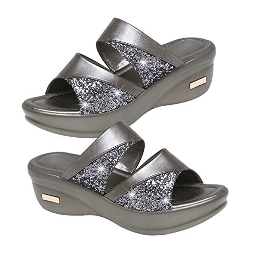 FRCOLOR Damen Sandalen Keilabsatz Sommer Wedges mit Dicker Sohle Stilvolle Fischmaul Optik Graue Casual Slipper für Outdoor und Strand Bequeme Mom Shoes von FRCOLOR