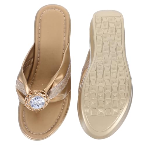 FRCOLOR Damen Sandalen Sommer Plateau Zehentrenner mit Strass Rutschfeste Bequeme Sandaletten für Strand Party Urlaub Keilsandalen für Frauen Goldfarben von FRCOLOR
