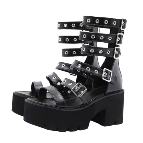 FRCOLOR Damen Sandalen Sommer Thick Bottom Sandaletten mit Elastischem Design PU und Gummi Material Bequeme Party Büroschuhe Schwarze Modische Schuhe für Frauen und Mädchen von FRCOLOR