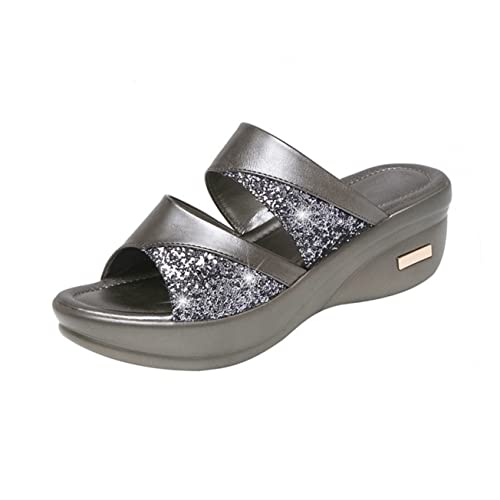 FRCOLOR Damen Sandalen Sommer Wedges mit Dicker Keilsohle Casual Fischmaul Design Graue Slipper für Frauen Rutschfest Atmungsaktiv Bequeme Pantoletten für Outdoor und Strand von FRCOLOR