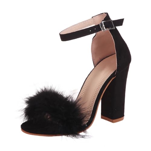 FRCOLOR Damen Sandalen mit Chunky High Heels PU Material Offene Zehen Künstliche Wollkugelverzierung Modisch und Angenehm für Sommer Party und Alltag von FRCOLOR