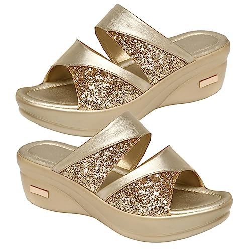 FRCOLOR Damen Sandalen mit Dicker Keilsohle Sommerliche Plateau Slipper Offene Fischmaul Bequeme Mom Shoes in Gold Leichte Freizeitschuhe für Strand und Alltag von FRCOLOR