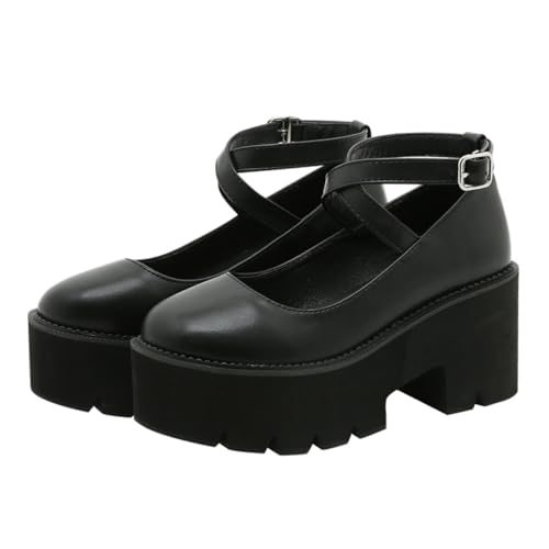 FRCOLOR Damen Sandalen mit Dicker Plateausohle Modische Kreuzriemen Eleganter Chunky Heel Runde Zehenpartie Pu oberfläche Bequeme Sommerschuhe für Shopping und Party Schwarz von FRCOLOR