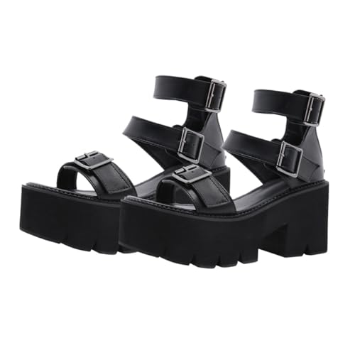 FRCOLOR Damen Sandalen mit Dicker Sohle Plateau schuhe aus PU und Mikrofaser Modische Sommer sandaletten mit Kreativem Design Bequeme Langlebige Fußbekleidung für Frauen Schwarz von FRCOLOR