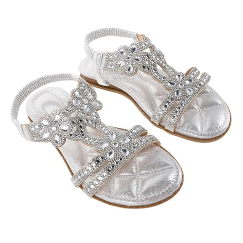 FRCOLOR Damen Sandalen mit Funkelnden Strasssteinen Elastischem Riemen Bequemer für Shopping und Reisen Silberne Sommerschuhe Modische Bling Sandalen für Frauen von FRCOLOR