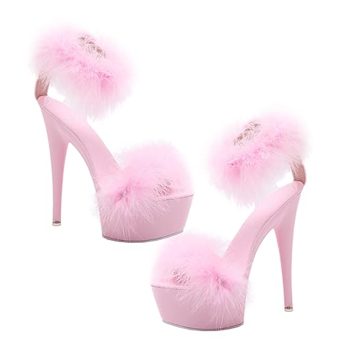FRCOLOR Damen Sandalen mit Hohem Absatz und Federdetail Wasserdichte Plateau Sommerschuhe Stilvolle Rosa High Heels für Frühling und Sommer Eleganter Damenschuh von FRCOLOR
