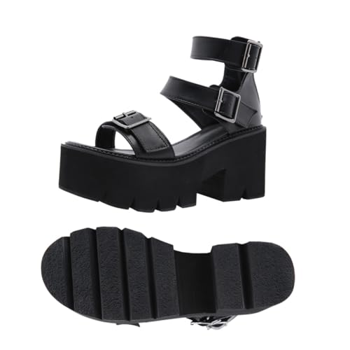 FRCOLOR Damen Sandalen mit Klobigem Absatz Dicke Sohle Pu material Bequeme Sommer Schuhe Modische Plateau Sandaletten für Alltag und Party Schwarz von FRCOLOR
