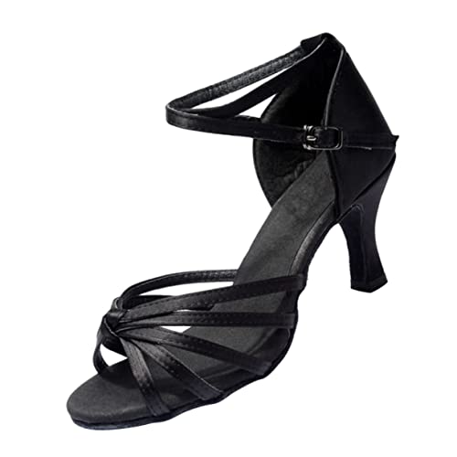 FRCOLOR Damen Satin High Heels Latein Tanzschuhe mit Knotenriemen Offene Zehen Schlanker Absatz Schwarz Bequemes Ausziehen Geeignet für Ballett und Bankett von FRCOLOR