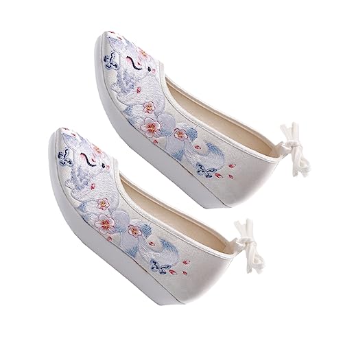 FRCOLOR Damen Seidenschuhe mit Dicker Sohle und Rutschfester Gummisohle Bestickte Hanfu Ethno Schuhe mit Innenkeilabsatz Leicht Anzuziehen für Tanzaufführungen und Festliche Anlässe Weiße von FRCOLOR