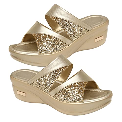 FRCOLOR Damen Slipper Sommer Wedges Thickened Keilabsatz Offene Sandalen Casual Strand Schuhe mit Glänzender Dekoration Gold Bequeme Outdoor Mom Schuhe von FRCOLOR