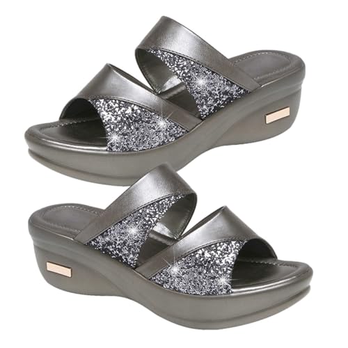 FRCOLOR Damen Slipper Sommer Wedges mit Dicker Plateau Sohle Bequemes Outdoor Casual Schuhwerk Stilvolle Fischmaul Optik Graue Sandalen Modische Sommer Mom Schuhe von FRCOLOR