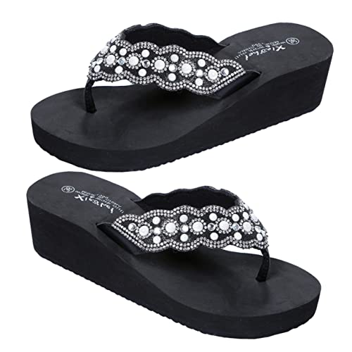 FRCOLOR Damen Sommer Flops mit Perlen und Strass Rutschfeste Strand Schuhe Bequeme Plateau Zehentrenner Schwarz Hausschuhe mit Rutsch Sohle von FRCOLOR