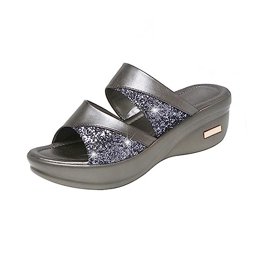 FRCOLOR Damen Sommer Hausschuhe mit Dicker Keilsohle Offene Fischmaul Pantoletten Bequeme Outdoor Slipper für Damen Casual Sandalen mit Rutschfester Sohle Graue von FRCOLOR