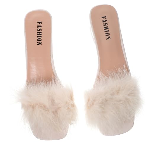 FRCOLOR Damen Sommer Slipper mit Chunky Absatz Atmungsaktive Offene Zehen Sandalen aus PU und Gummi Bequeme Hausschuhe für Innen und Außen Modische Beige Sommerschuhe von FRCOLOR