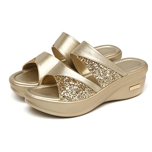 FRCOLOR Damen Sommer Wedge Slipper mit Dicker Keilsohle Fischmaul Pantoletten Goldfarbene Casual Slippers für Outdoor Bequeme Schuhe Rutschfest und Leicht Anzuziehen von FRCOLOR