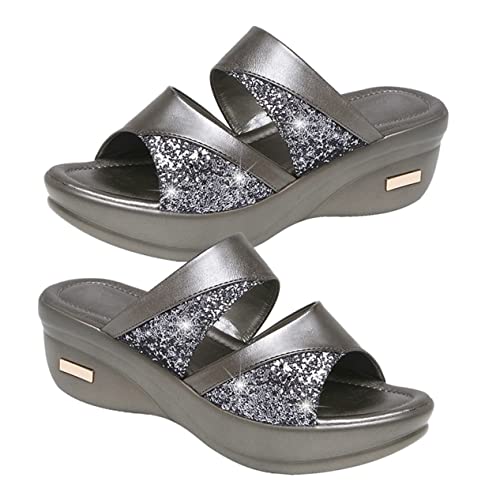FRCOLOR Damen Sommer Wedges Slipper mit Dicker Keilsohle Offene Fischmaul Sandalen Graue Casual Schuhe für Frauen Bequemes Outdoor Design Schuhe von FRCOLOR