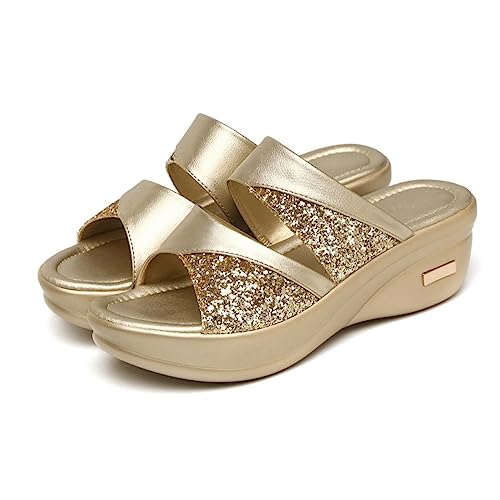 FRCOLOR Damen Sommer Wedgesandalen mit Dicker Sohle Offene Zehen Bequeme Outdoor Slipper für Damen Goldfarbene Plateau Sandalen in Fischmaul Lässige Mom Schuhe von FRCOLOR